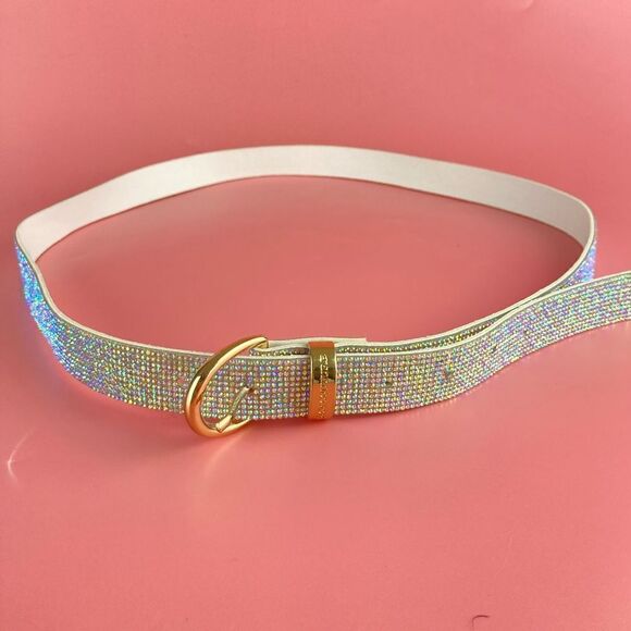 JUICY COUTURE SILVER RHINESTONES GOLD BUCKLE WHITE LEATHER BELT - Picture 1 of 7